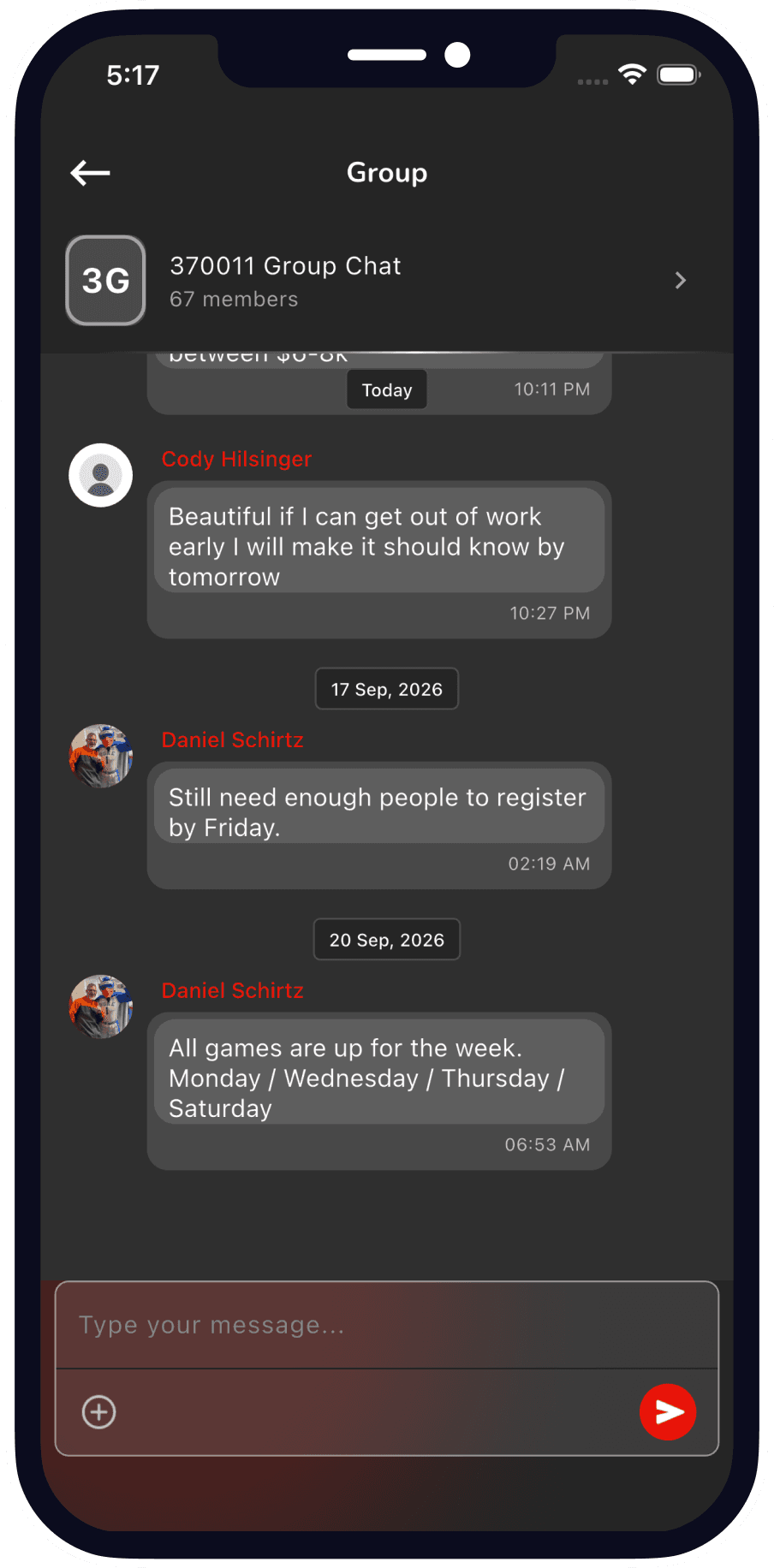 Confirmed Table Chat screen showing group and personal messaging