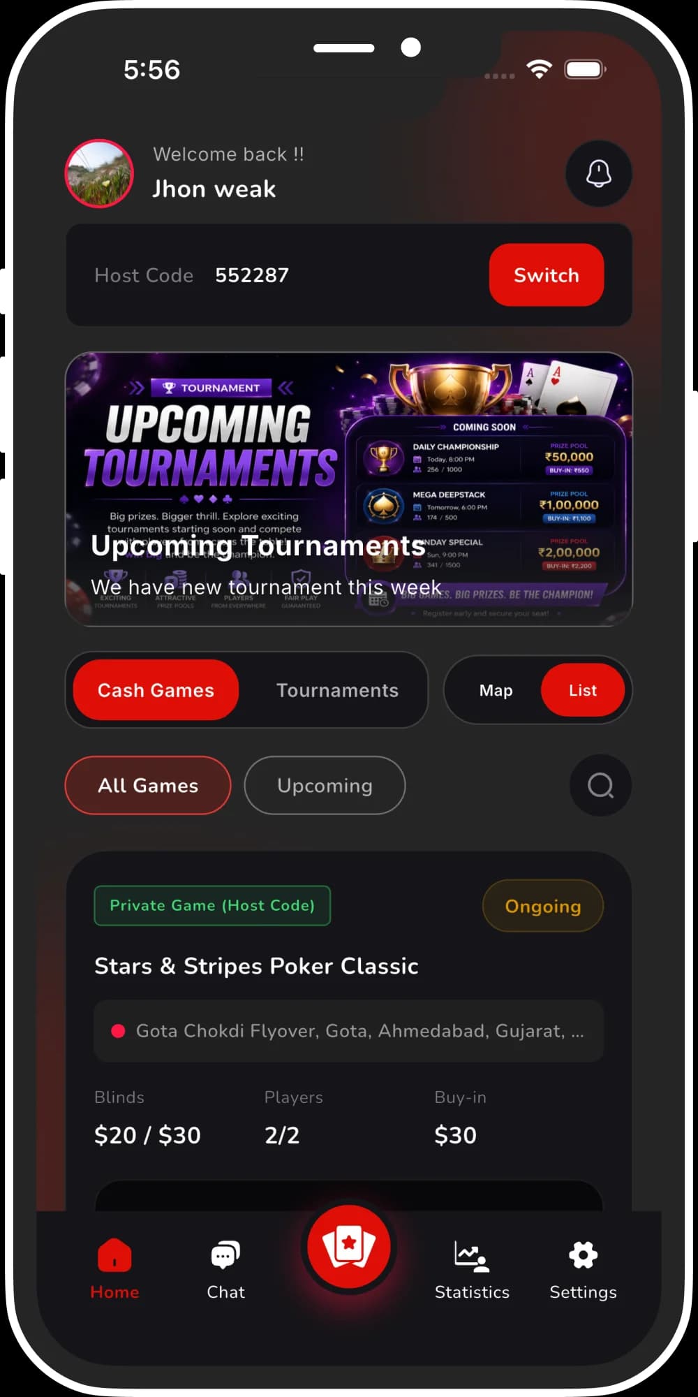 Host Code Private Zone screen showing private game access