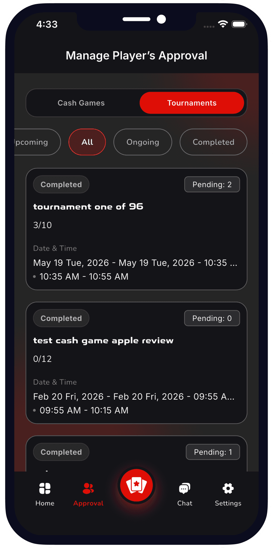 Player approval and waitlist management screen