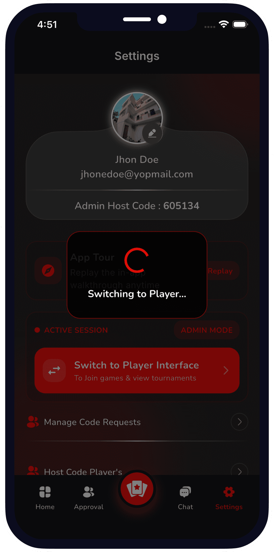 Dual-role mode switch showing Admin and Player modes